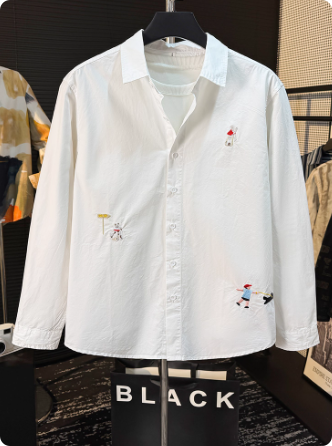 小清新休闲纯色长袖衬衫男刺绣设计感潮文艺百搭宽松翻领上衣