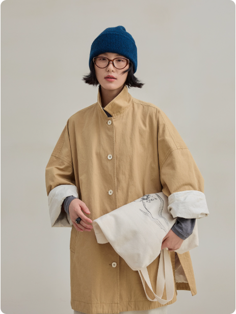 新品100%棉细斜纹休闲文艺双层廓形感风衣外套